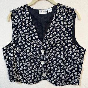Spellbound Rayon Navy Blue White Floral 90's VTG Vest Button Front Size Large